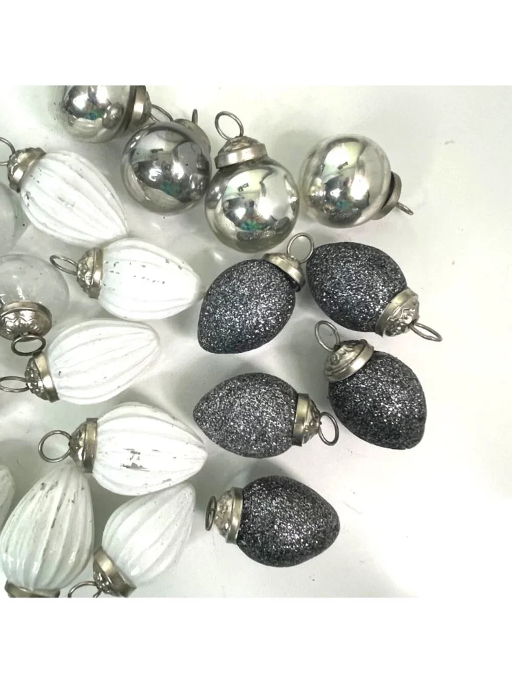DOFT Mini Mercury Glass Christmas Ornaments Set White Silver Clear w/ Box Lid